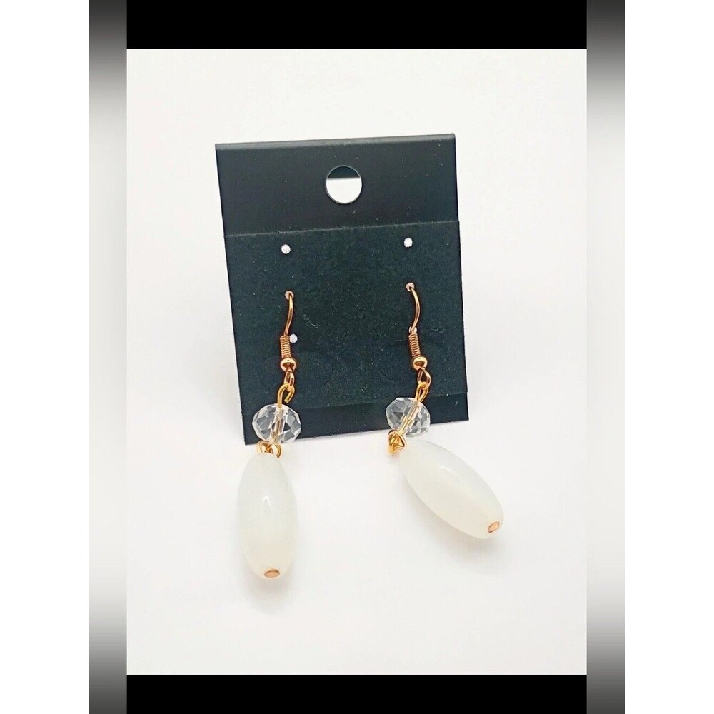 Gold-Tone Drop Earrings with White Beads and Clear Accent - Picture 2 of 3